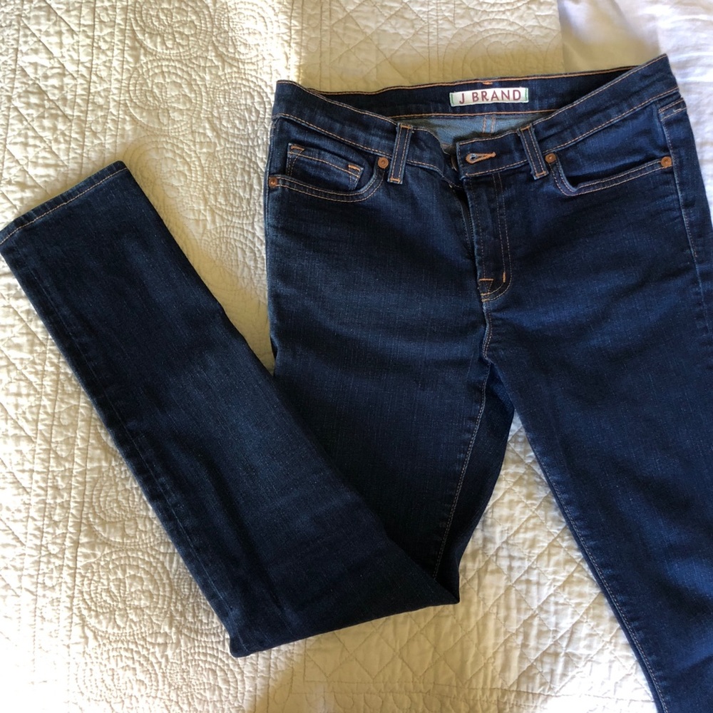 J Brand stretch denim mid-rise skinny jeans.